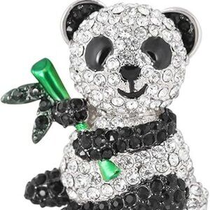 Panda Bear Crystal Brooch Pin Silver Tone w Bamboo